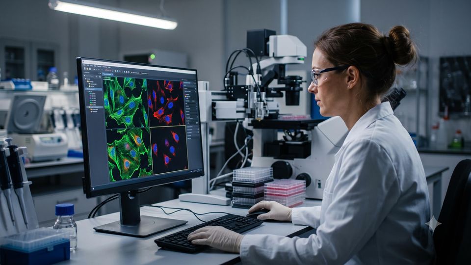 AI-generated scientist reviewing multi-channel high-content screening images on a monitor in a laboratory setting.