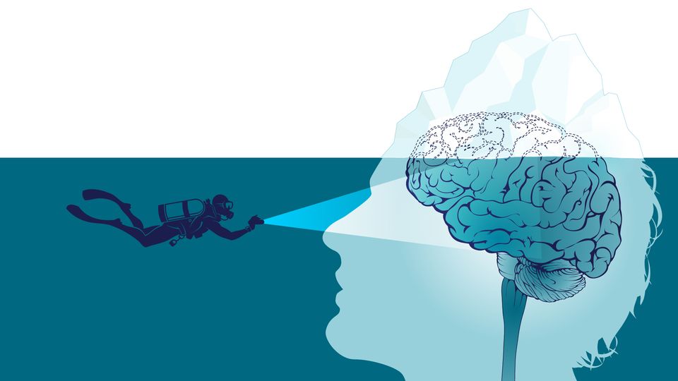 Illustration of a diver shining a light on a brain inside a human head, symbolizing exploration of complex neurobiology.