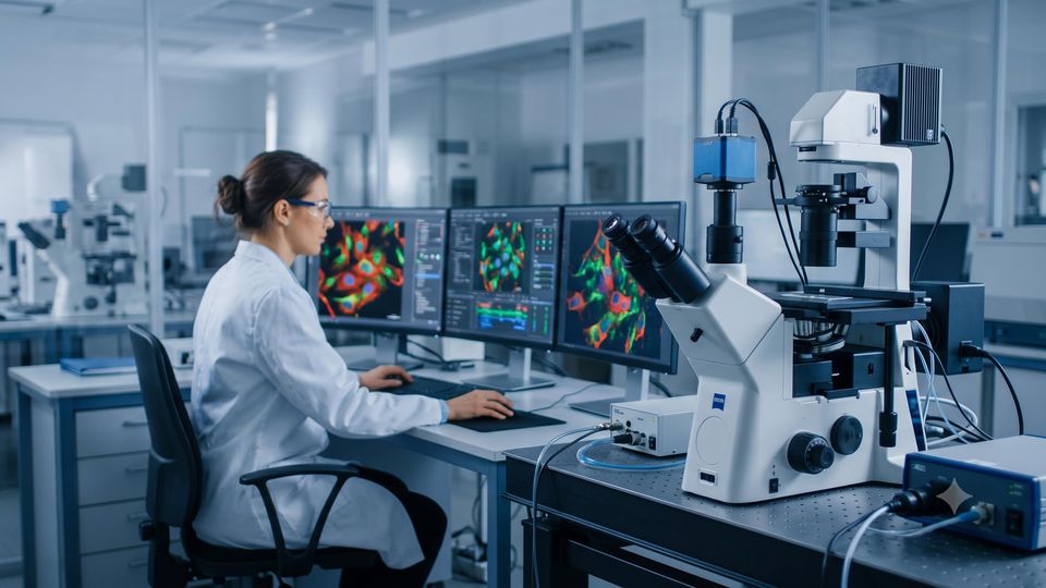 AI-generated researcher reviewing fluorescence super-resolution microscopy images on monitors in a laboratory setting.