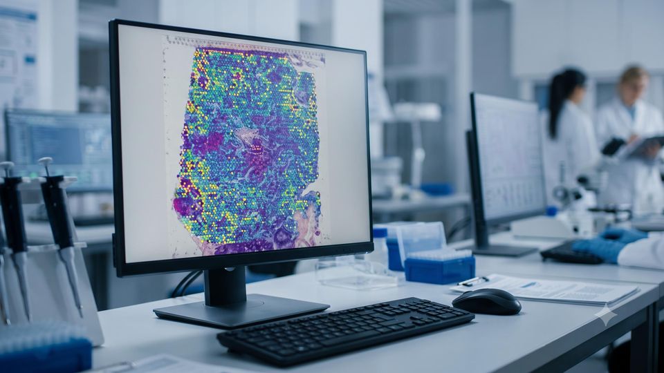 AI-generated computer monitor displaying analysis of spatial gene expression data mapped onto tissue microscopy imagery.