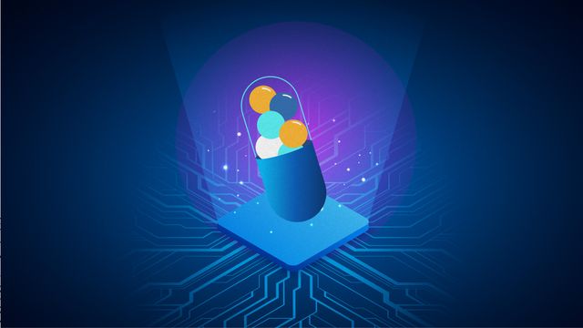 Illustration of a blue drug capsule with multicolored spheres inside, against a digital circuit background with purple halo. 