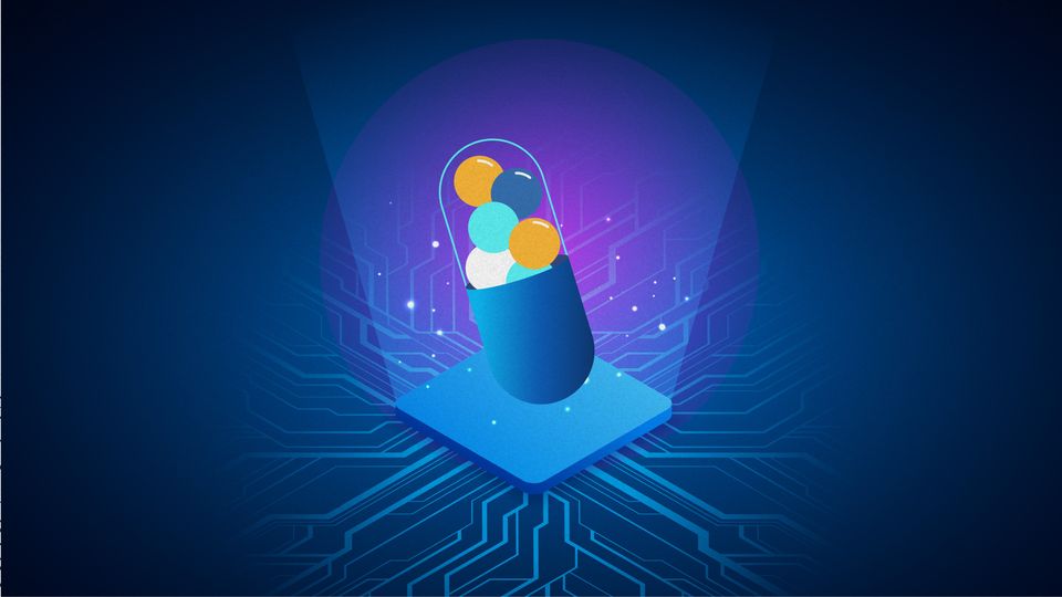 Illustration of a blue drug capsule with multicolored spheres inside, against a digital circuit background with purple halo.