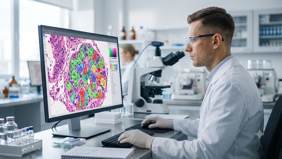 AI-generated researcher reviewing a segmented whole-slide tissue image on a laboratory monitor.
