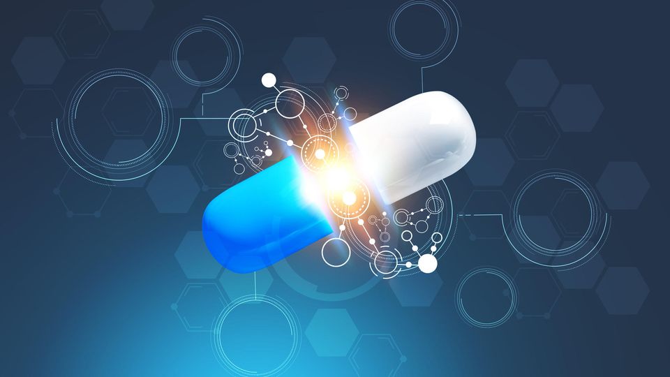 Illustration of a blue and white medicinal capsule surrounded by white circles and lines. 