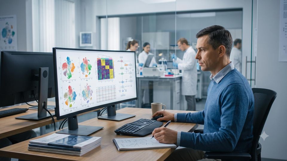 AI-generated researcher reviewing machine learning cluster plots on a lab monitor.