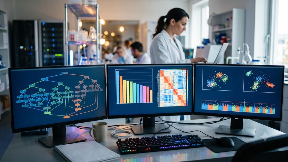 AI-generated laboratory monitors displaying colorful data visualizations with a researcher blurred in the background.