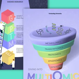 Infographic snippet showing a rainbow colored funnel with the following text underneath: Diving Into Multiomics: From Data to Discovery.