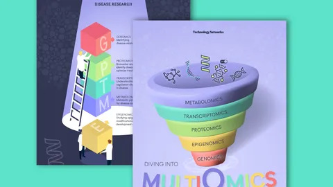 Infographic snippet showing a rainbow colored funnel with the following text underneath: Diving Into Multiomics: From Data to Discovery.