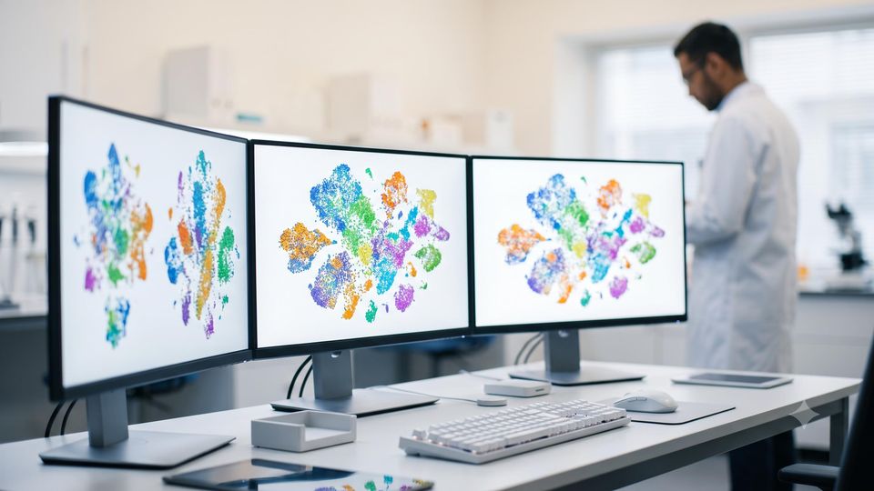 AI-generated scatterplot clusters of single-cell data on lab monitors with a researcher in the background.