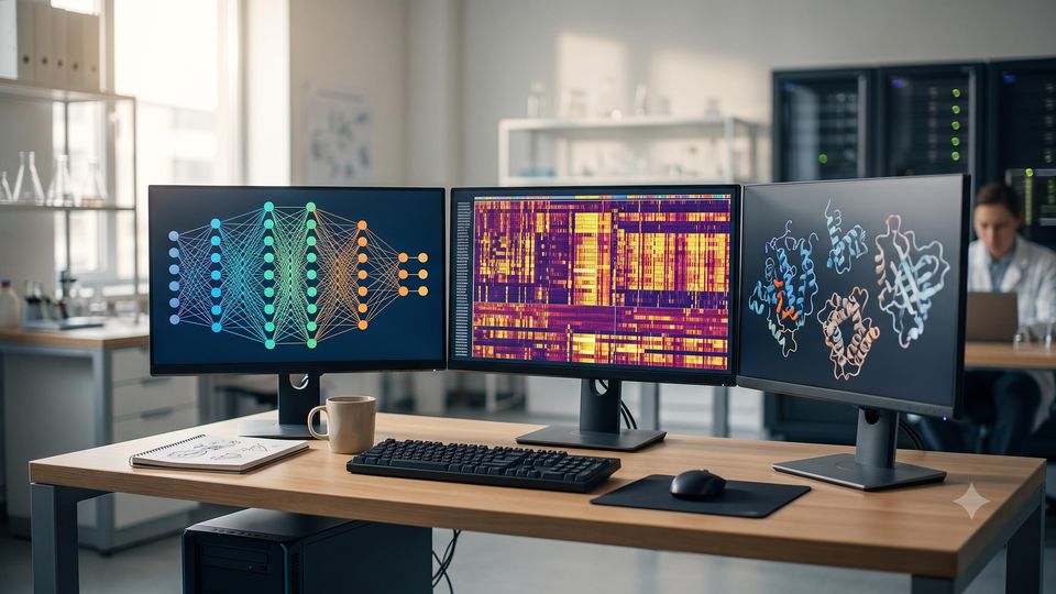 AI-generated neural network architecture diagrams on lab monitors with a researcher in the background.