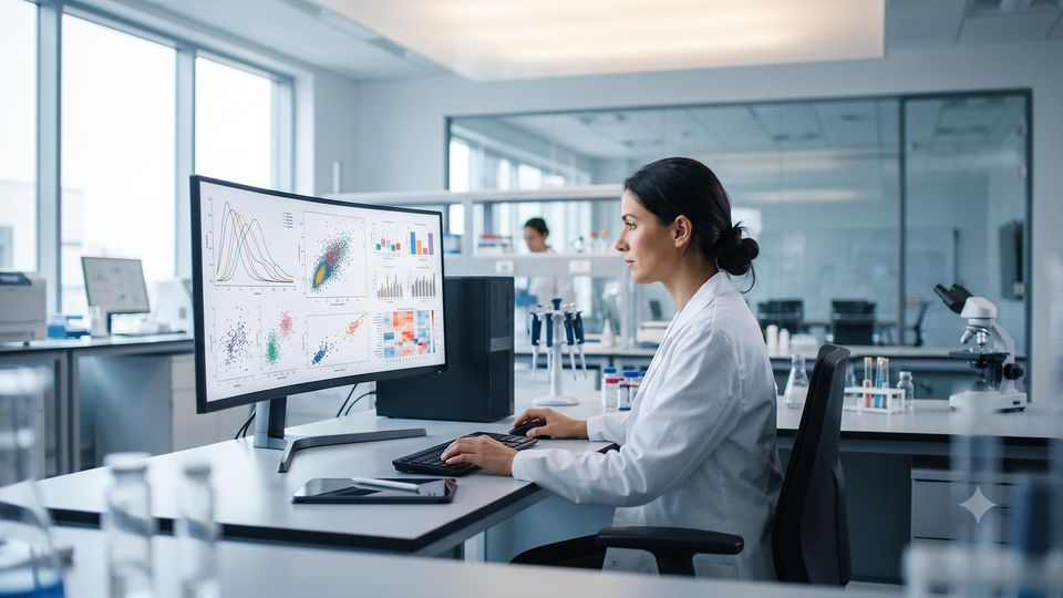 AI-generated researcher reviewing model performance curves on a lab monitor.