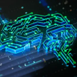 A glowing digital brain made of circuit lines on a dark background with data patterns, symbolizing AI and technology.
