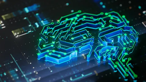 A glowing digital brain made of circuit lines on a dark background with data patterns, symbolizing AI and technology.