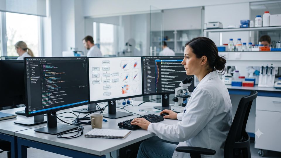 AI-generated researcher reviewing code and pipeline version history on lab monitors.