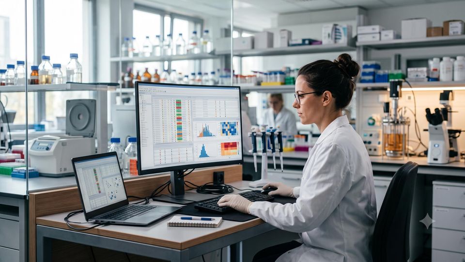 AI-generated researcher organizing structured experimental data on a laptop in a life science lab.
