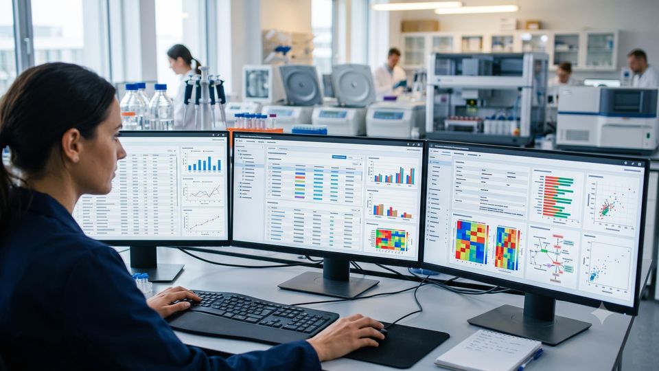 AI-generated laboratory data workstation showing structured LIMS records on multiple monitors.