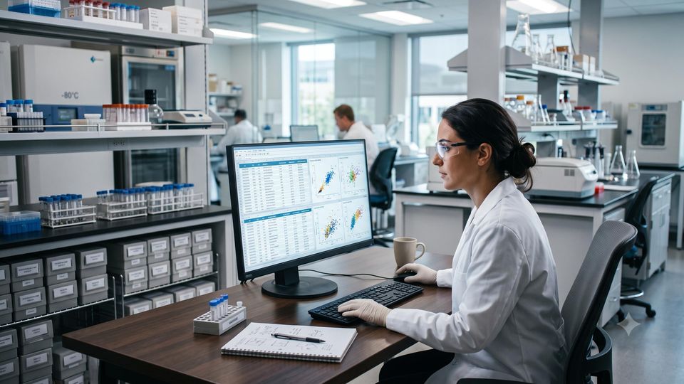 AI-generated researcher tagging structured genomic data files in a laboratory.