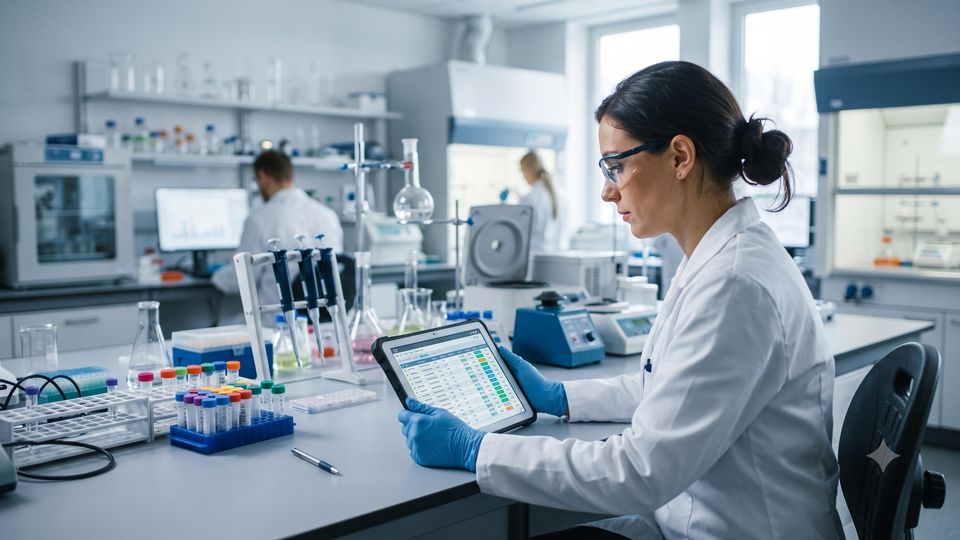 AI-generated researcher reviewing structured digital lab notebook records on a laptop in a lab.