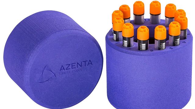 Azenta Life Sciences sample storage container with laboratory sample tubes. 