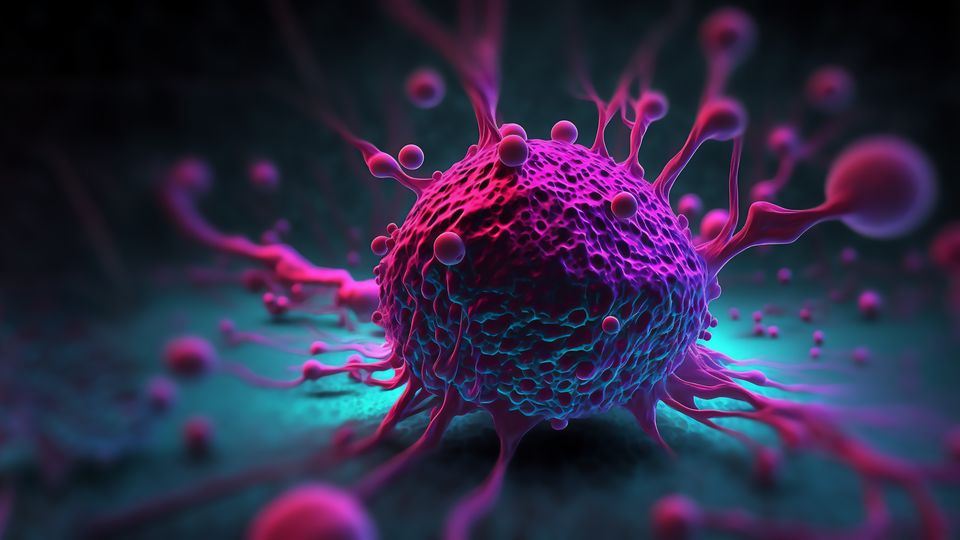 Illustration of a pink cancer cell with several arm-like projections.