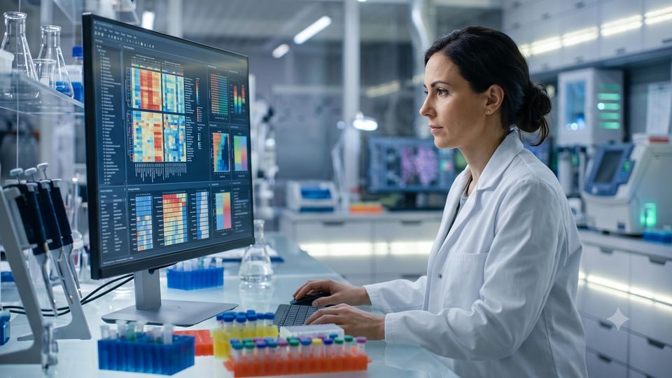 AI-generated researcher uploading structured datasets to a secure cloud repository in a life science lab.