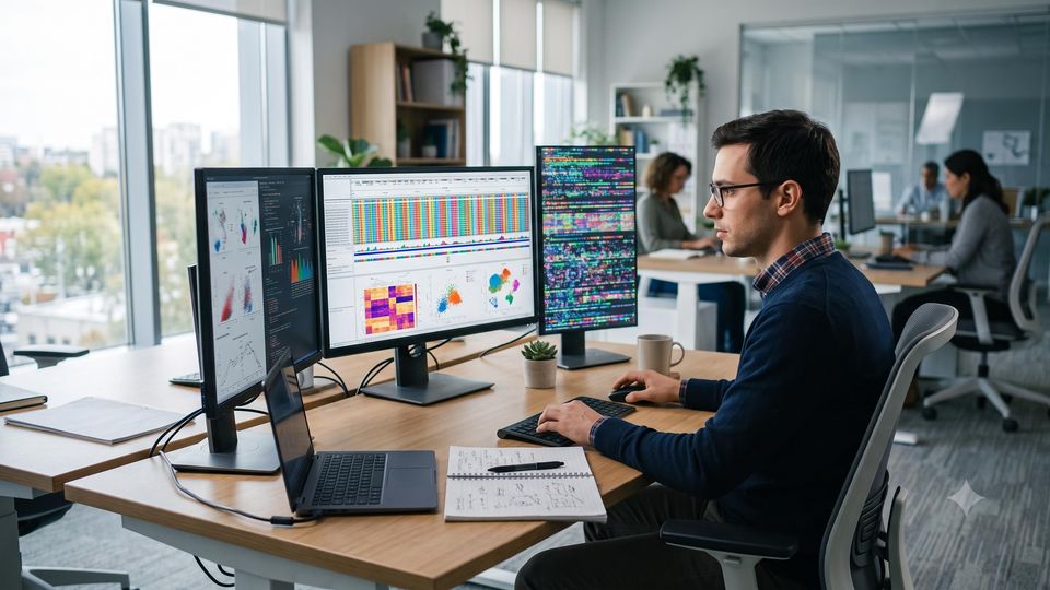 AI-generated bioinformatician reviewing genomic data at a multi-monitor desk.