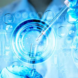 Scientist using a pipette with AI-driven digital lab interface illustrating live-cell analysis and label-free cell segmentation.