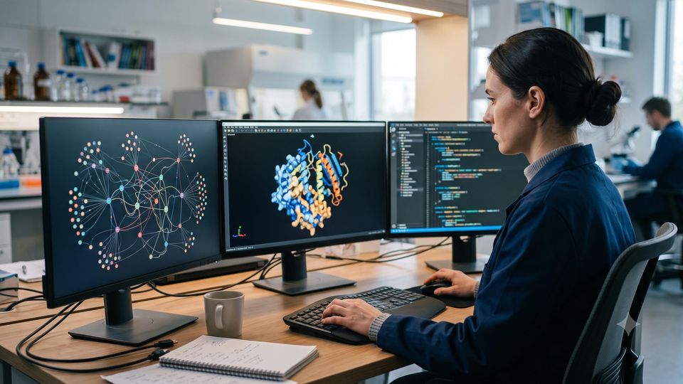AI-generated researcher reviewing a protein structure model and data visualizations on lab monitors.