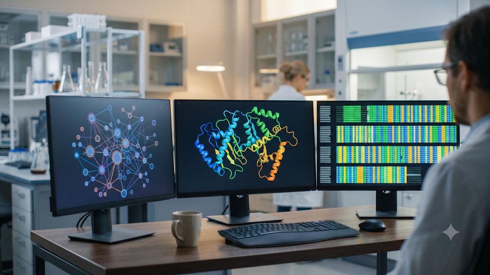 AI-generated researcher analyzing protein sequence data on lab computer monitors.