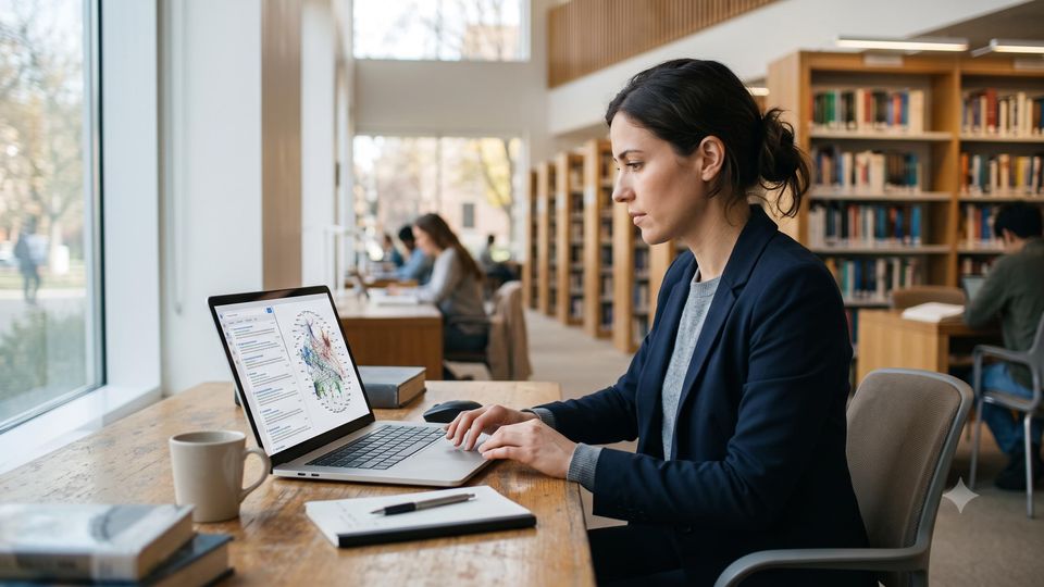 AI-generated researcher reviewing scientific literature search results on a laptop screen.