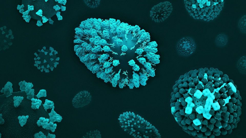 3D illustration of the COVID-19 virus with spike proteins.