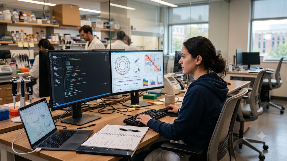AI-generated bioinformatician reviewing code on dual monitors in a genomics research lab.