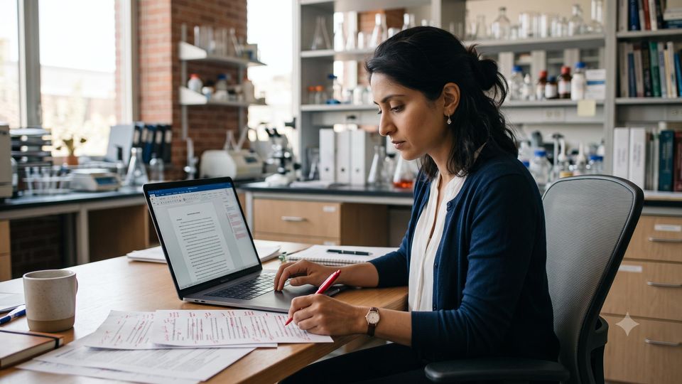 AI-generated researcher reviewing a manuscript draft alongside printed, edited pages.