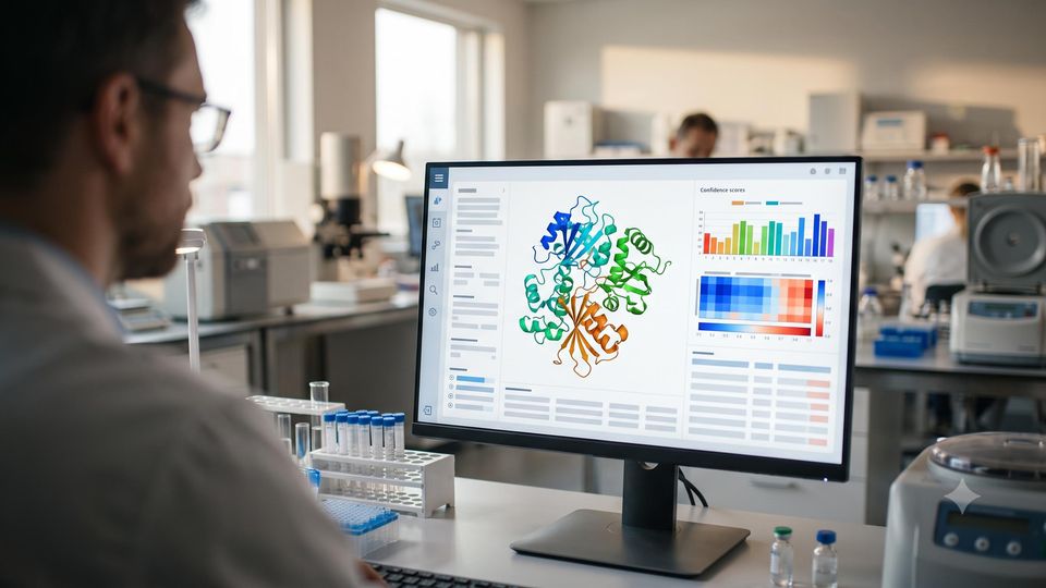 AI-generated researcher viewing a protein structure model on a laboratory monitor.