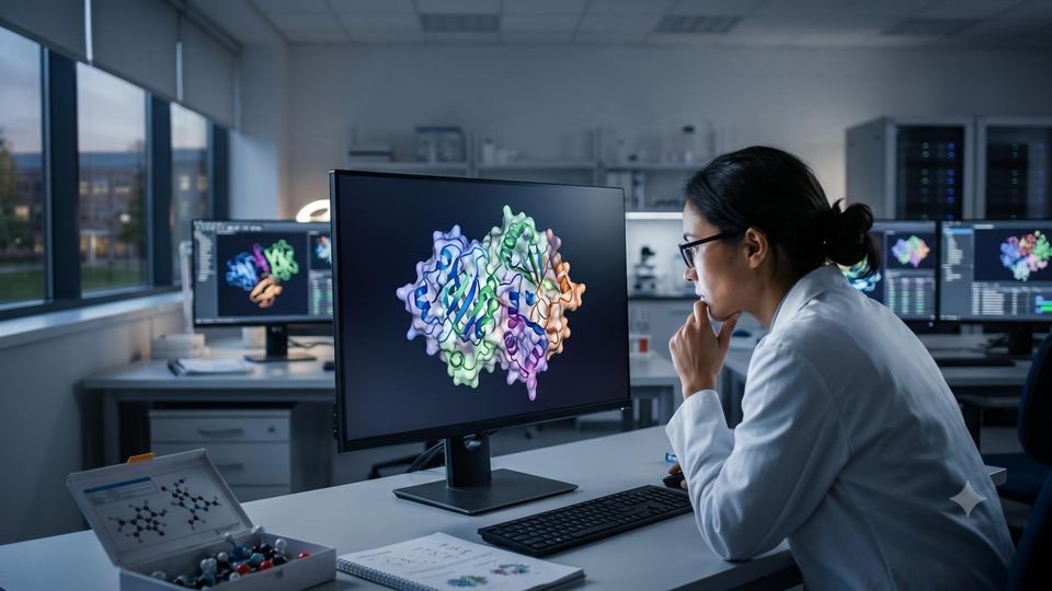 AI-generated researcher studying a novel protein structure model on a laboratory computer screen.
