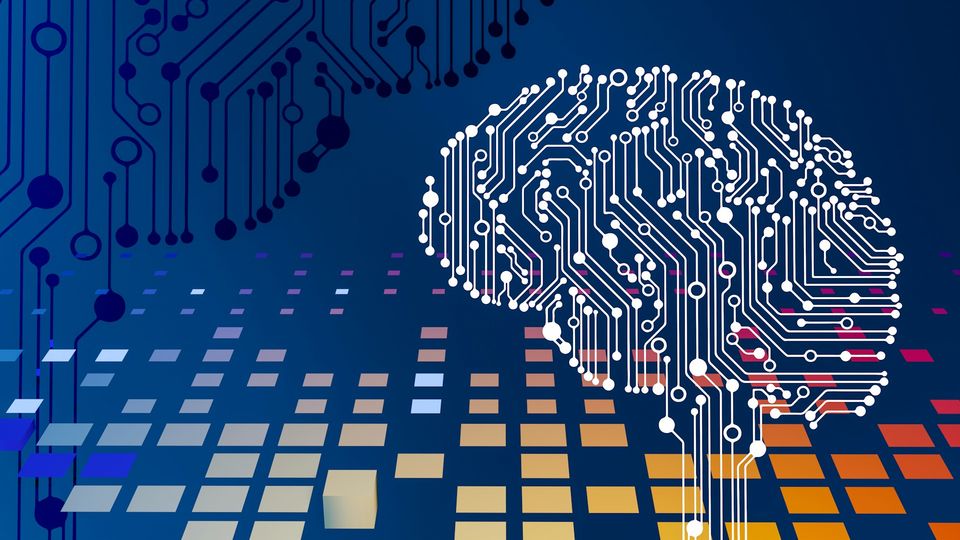 Illustration of a brain model made from circuit board patterns.