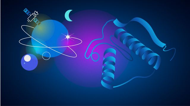 Abstract space illustration with an orbiting satellite, glowing planets, crescent moons and blue ribbon-like forms. 