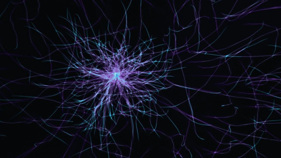 Abstract blue neural network pattern with glowing interconnected lines on a dark background.