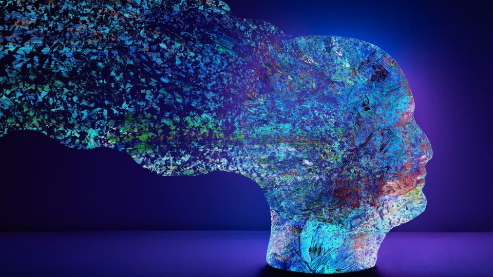 Illustration of an abstract human head with fragments flowing away from it, against a blue background.