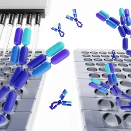 3D render of ELISA antibodies above microplate wells with multichannel pipette used for immunoassay testing.