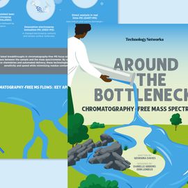 Infographic illustrating chromatography-free mass spectrometry as a river bypassing a bottleneck in a stylised landscape. 