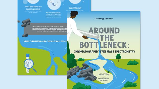 Infographic illustrating chromatography-free mass spectrometry as a river bypassing a bottleneck in a stylised landscape. 