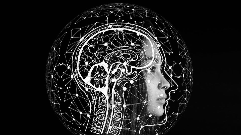 Illustration of a human brain and profile overlaid with a neural network.