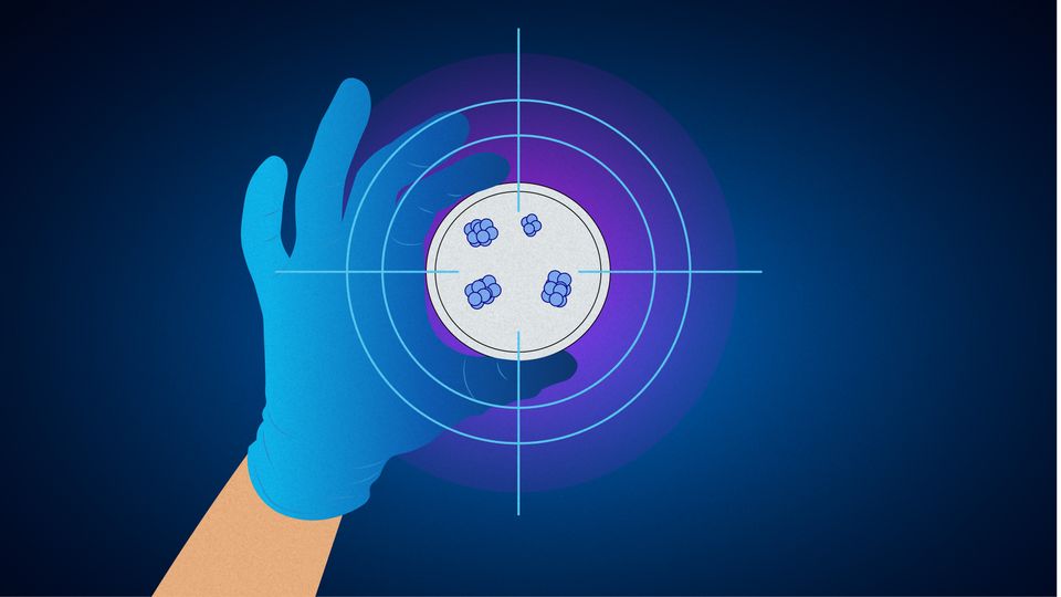 A cartoon illustration of a gloved hand holding an organoid underneath a set of crosshairs.