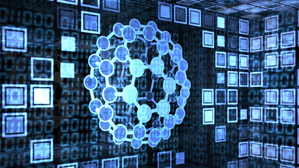 Illustration of a stick and ball spherical molecular model in front of binary code.