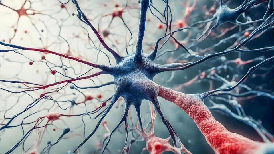3D render of interconnected brain neurons with branching axons and dendrites in blue and red tones.