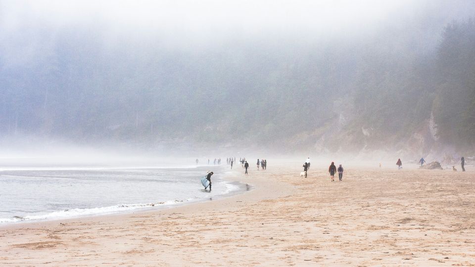 Surfers on an Oregon beach on a foggy day.
