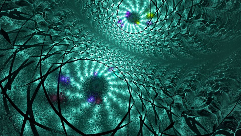 Abstract connections of lines and circles against a hazy green background, with purple, yellow, and red dots visible.