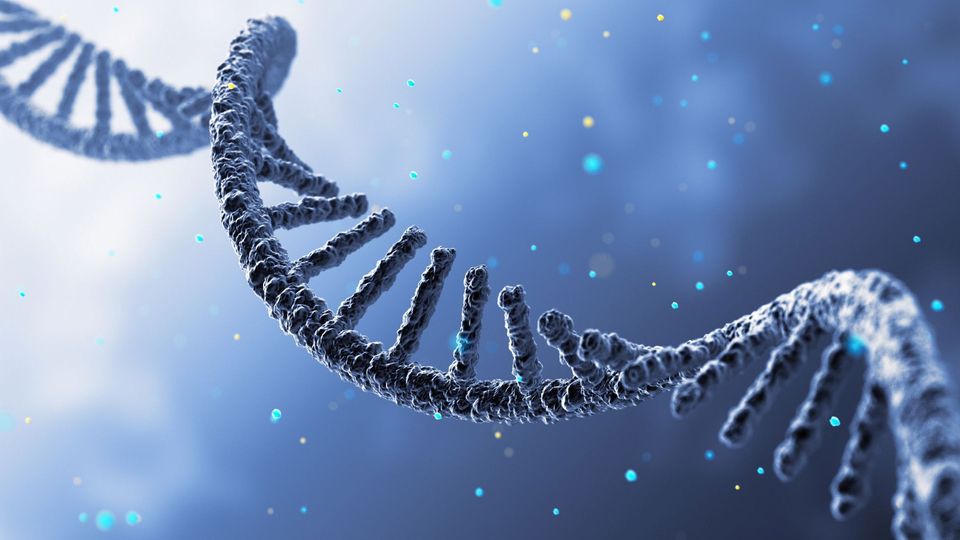Illustration of an RNA strand with molecular particles.