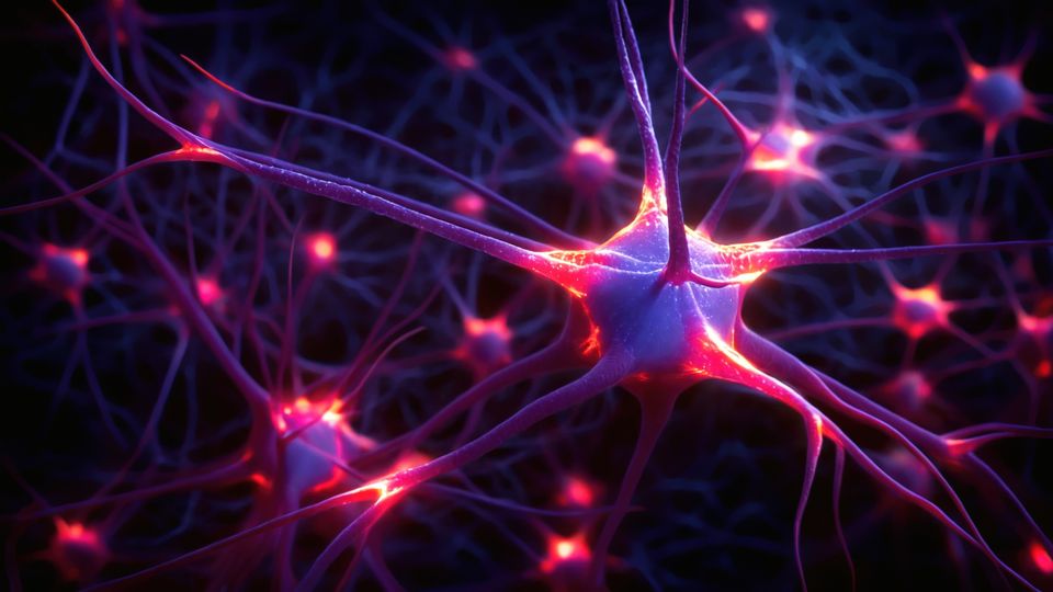 3D render of interconnected neurons with glowing synapses in a neural network.